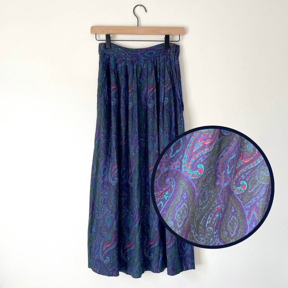 Vintage Paisley Midi Skirt Pleated Small 90s Retro Academia Jewel Tone Pockets